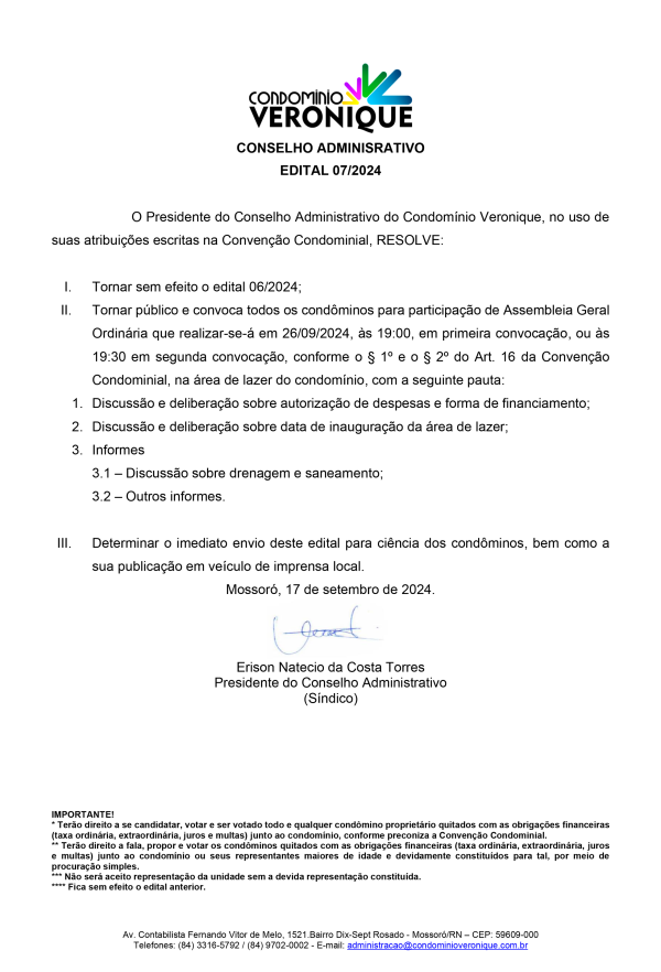 Edital 07/2024 de Assembleia Ordinária – Condomínio Veronique