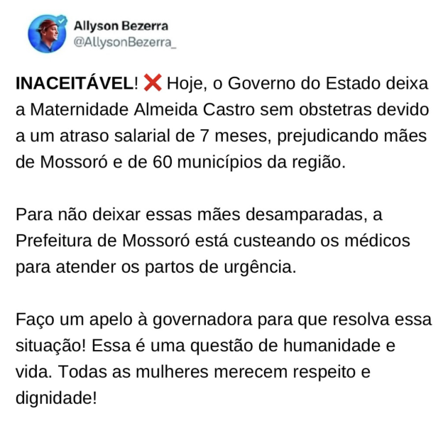 Allyson cobra Fátima e diz que Prefeitura garantirá pagamento dos partos de urgência